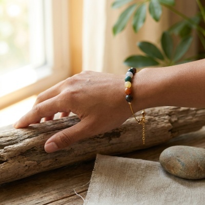 Pulseira em Aço Dourado com Pedras Naturais Multicolor