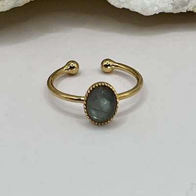 Anel Fino Banhado a Ouro 18k com Labradorite - Ajustável e Minimalista