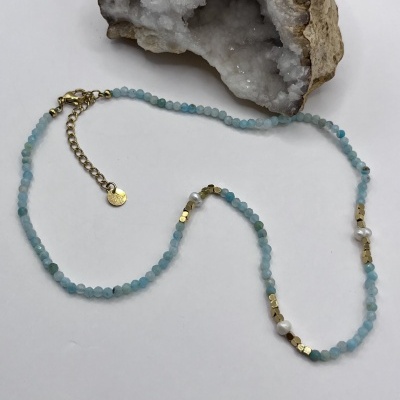 Colar de Aço Inox com Pedras Facetadas e Pérolas - Aquamarine