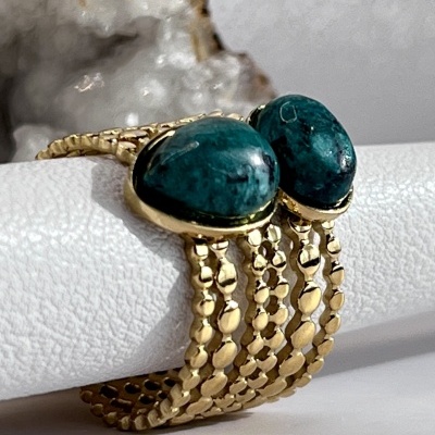 Anel Multi-Anel Ajustável Dourado com Pedras Naturais - Verde Escuro