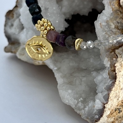 Pulseira Naina com Labradoritas e Turmalinas - Joia Dourada Fabricada em França