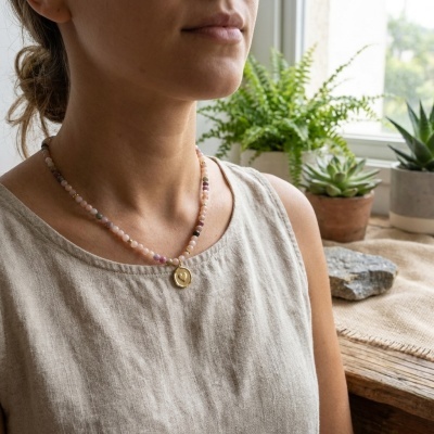 Colar em Aço Dourado com Pedra Sunstone, Turmalina Rosa e Pingente em Forma de Coração