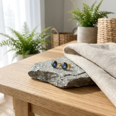 Brincos Dourados com Labradorite Natural - Minimalistas e Elegantes