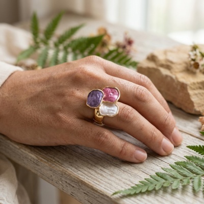 Anel Boho Roxo com Revestimento a Ouro 18K