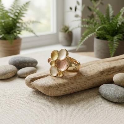 Anel Parisian Glow – Dourado & Mosaico em Resina