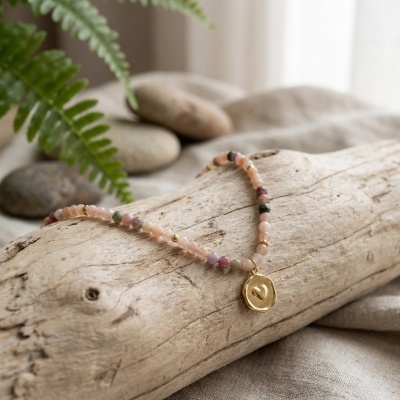Colar em Aço Dourado com Pedra Sunstone, Turmalina Rosa e Pingente em Forma de Coração