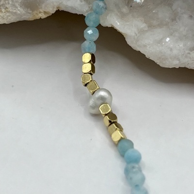 Colar de Aço Inox com Pedras Facetadas e Pérolas - Aquamarine