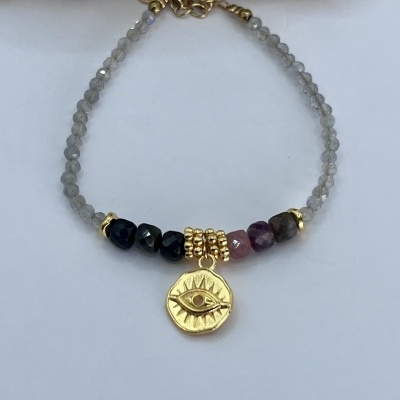 Pulseira Naina com Labradoritas e Turmalinas - Joia Dourada Fabricada em França