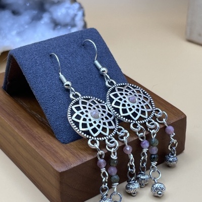 Brincos Aço inoxidável compridos com Turmalina Rosa