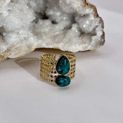 Anel Multi-Anel Ajustável Dourado com Pedras Naturais - Verde Escuro