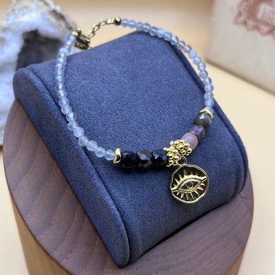 Pulseira Naina com Labradoritas e Turmalinas - Joia Dourada Fabricada em França