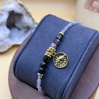 Pulseira Naina com Labradoritas e Turmalinas - Joia Dourada Fabricada em França