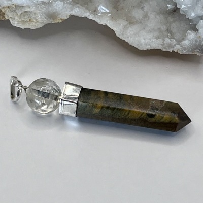 Pingente de Ponta em Olho de Tigre e Quartzo Natural - Força e Equilíbrio Energético