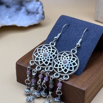 Brincos Aço inoxidável compridos com Turmalina Rosa