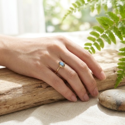 Anel Fino Banhado a Ouro 18k com Labradorite - Ajustável e Minimalista