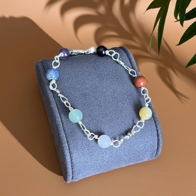 Pulseira em Aço Inoxidável com 7 Pedras Naturais – Ônix, Ametista, Sodalite, Amazonite, Quartzo Rosa, Citrino e Cornalina
