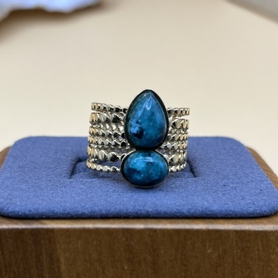 Anel Multi-Anel Ajustável Dourado com Pedras Naturais - Verde Escuro