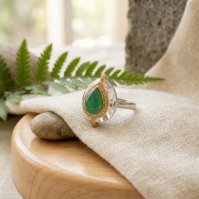 Anel de Prata com Quartzo Claro e Ônix Verde - Luxo e Elegância