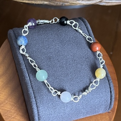 Pulseira em Aço Inoxidável com 7 Pedras Naturais – Ônix, Ametista, Sodalite, Amazonite, Quartzo Rosa, Citrino e Cornalina