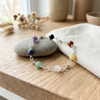 Pulseira em Aço Inoxidável com 7 Pedras Naturais