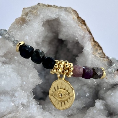 Pulseira Naina com Labradoritas e Turmalinas - Joia Dourada Fabricada em França