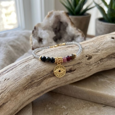 Pulseira Naina com Labradoritas e Turmalinas - Joia Dourada Fabricada em França