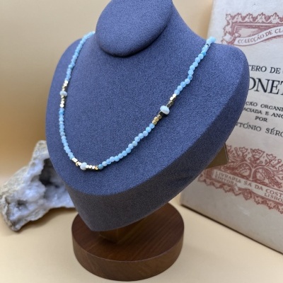 Colar de Aço Inox com Pedras Facetadas e Pérolas - Aquamarine