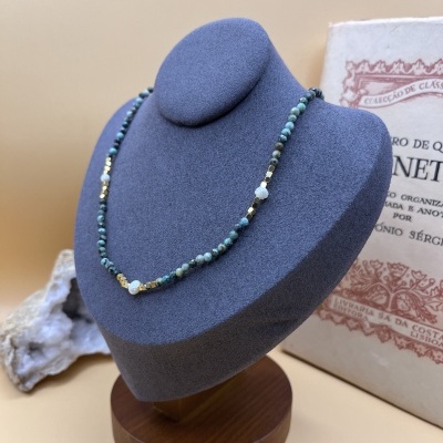 Colar de Aço Inox com Pedras Facetadas e Pérolas - Turmalina Verde