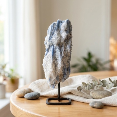 Cristal de Cianita Azul Natural em Suporte Metálico – Peça Decorativa e de Coleção