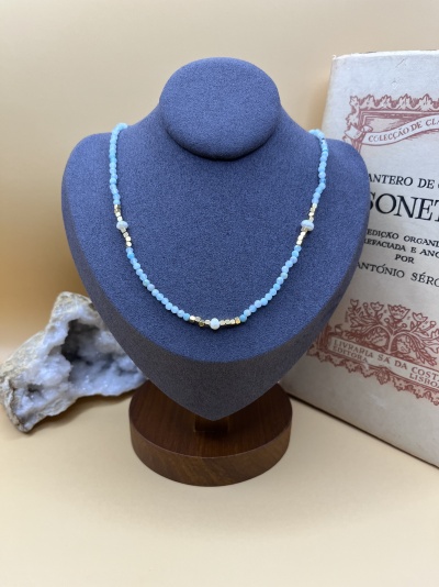 Colar de Aço Inox com Pedras Facetadas e Pérolas - Aquamarine