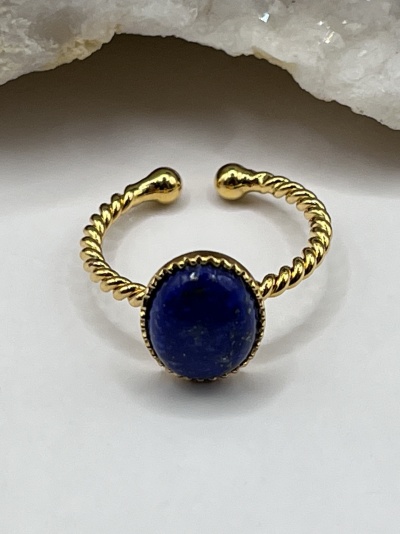 Anel Torcido Banhado a Ouro 18k com Lápis-Lazúli - Ajustável e Elegante