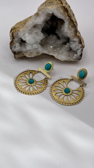 Brincos de Aço Inoxidável com Roseta e Pedra Verde Água - Elegância e Frescor Natural