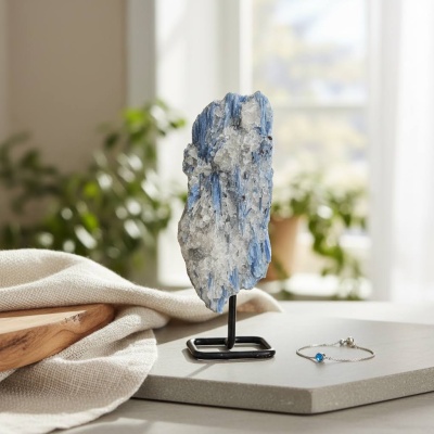 Cristal de Cianita Azul Natural em Suporte Metálico – Peça Decorativa e de Coleção