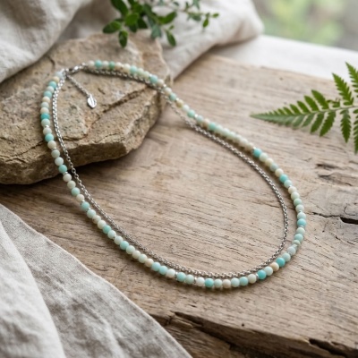 Colar Duplo com Amazonite Natural e Aço Inoxidável