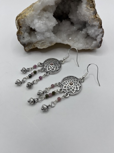 Brincos Aço inoxidável compridos com Turmalina Rosa