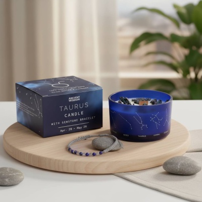 Vela de Cristal Touro - Lápis-Lazúli e Ágata Musgo para Estabilidade e Harmonia