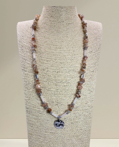 Colar Longo Artesanal em Aço Inox com Pedra do Sol e Quartzo Rosa