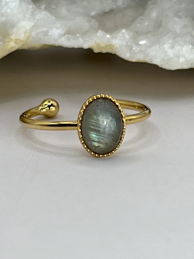 Anel Fino Banhado a Ouro 18k com Labradorite - Ajustável e Minimalista