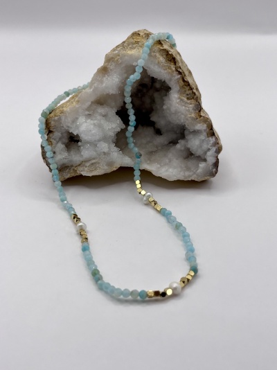 Colar de Aço Inox com Pedras Facetadas e Pérolas - Aquamarine