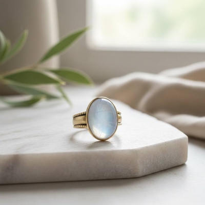 Anel Ajustável Dourado com Moonstone Arco-Íris - Elegância e Magia Natural