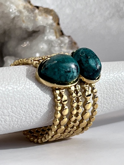 Anel Multi-Anel Ajustável Dourado com Pedras Naturais - Verde Escuro