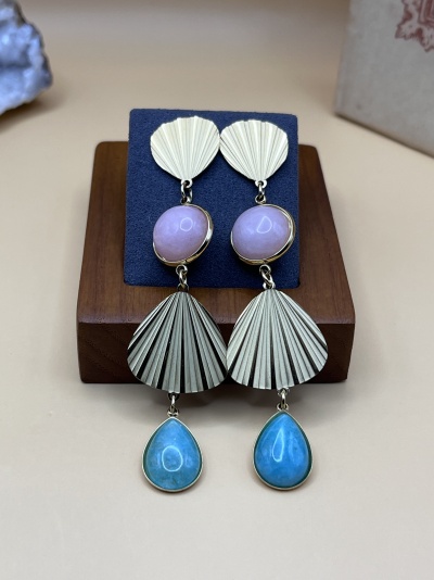 Brincos Pendentes em Aço Inox com Conchas e Pedras Naturais