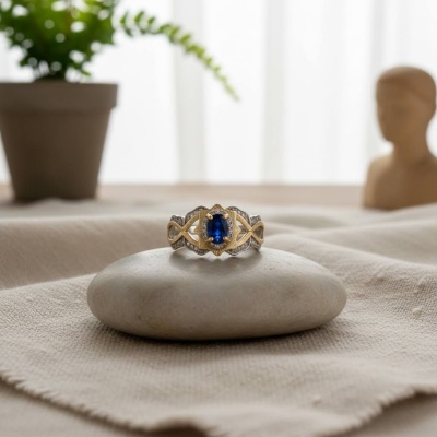 Anel de Prata 925 com Safira Natural e Vermeil Dourado 18k