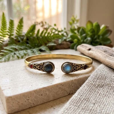 Pulseira de Bronze com Duplo Cabochão de Labradorite