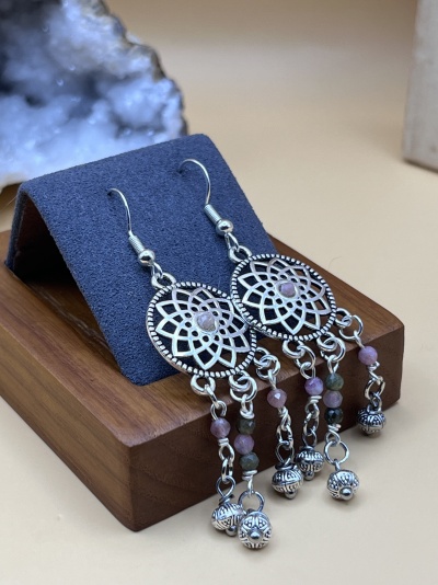 Brincos Aço inoxidável compridos com Turmalina Rosa