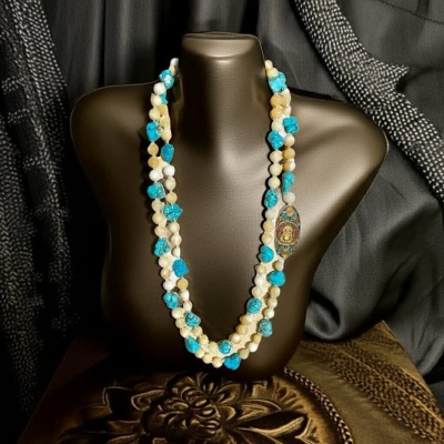 Colar Amuleto do Buda em Turquesa e Pedra Amarela - Riqueza, Luz e Harmonia
