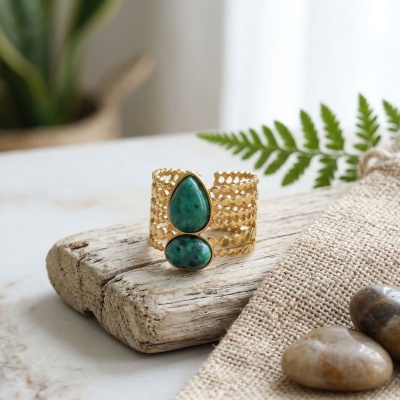 Anel Multi-Anel Ajustável Dourado com Pedras Naturais - Verde Escuro