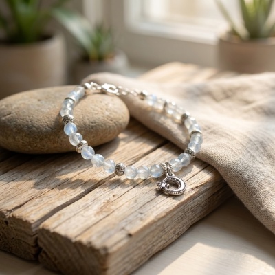 Pulseira em Aço Inoxidável com Pedra da Lua e Pingente Lua Estrela