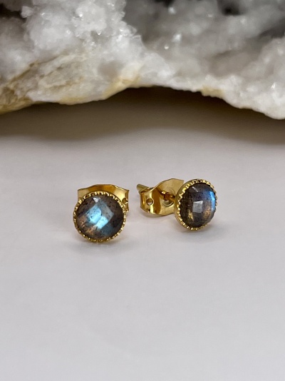 Brincos Dourados com Labradorite Natural - Minimalistas e Elegantes
