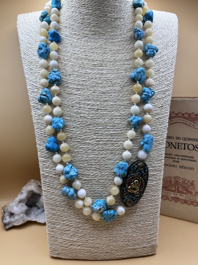 Colar Amuleto do Buda em Turquesa e Pedra Amarela - Riqueza, Luz e Harmonia